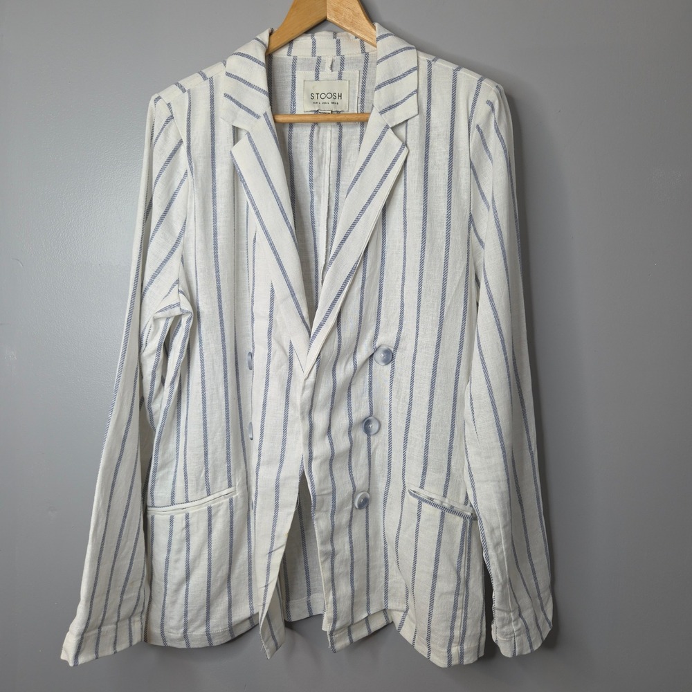 Stoosh Womens Linen Blend Striped Double Breasted Blazer White Blue Large